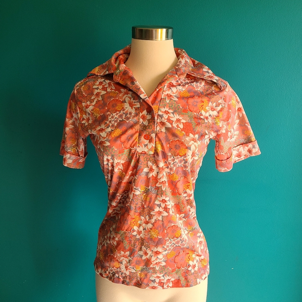 Vintage Orange Floral Short Sleeve Blouse